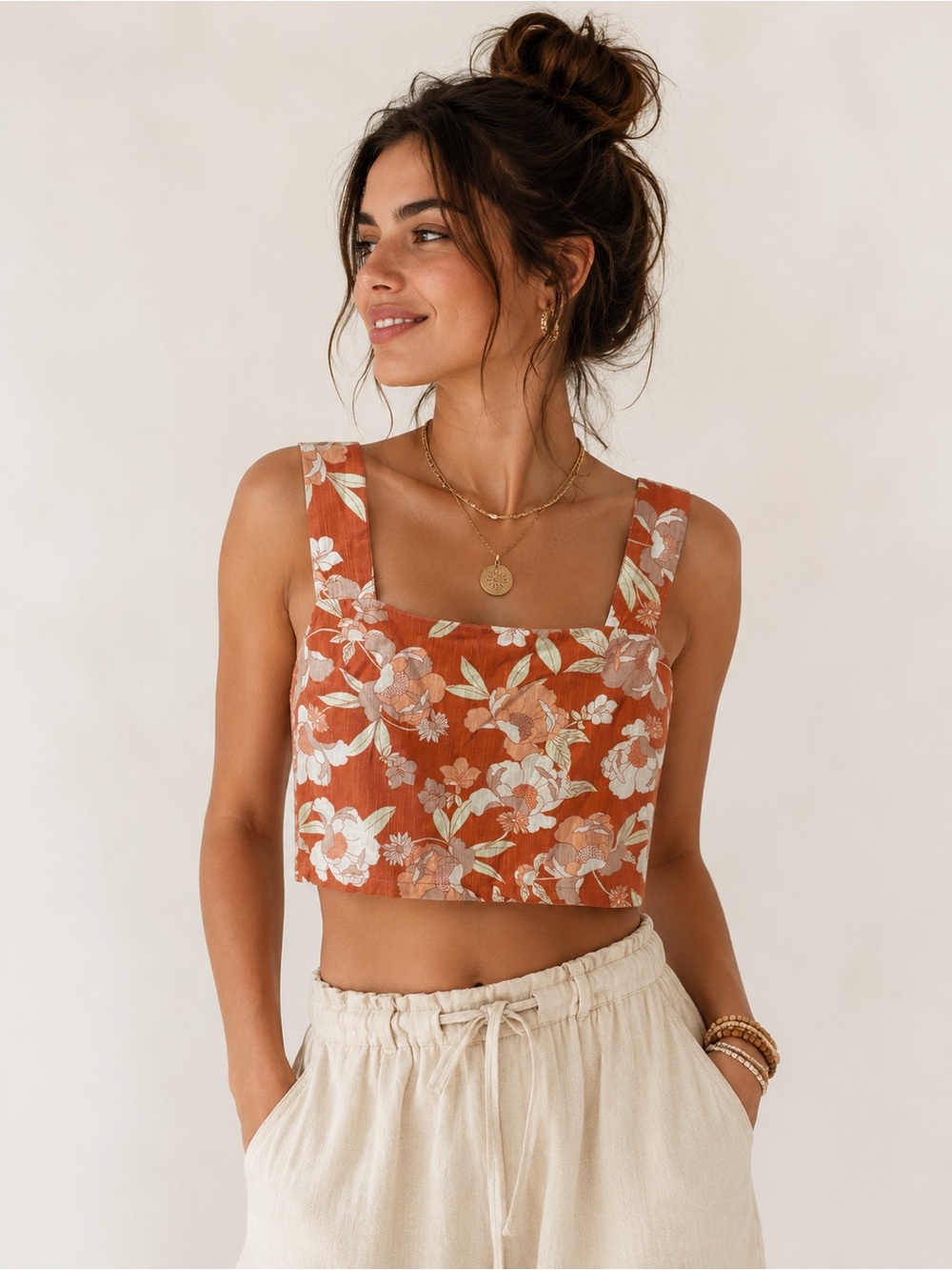 The Normal Brand Boho Chic Floral Square-Neck Crop Top - Rust & Cream